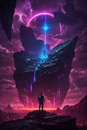 Masterpiece, best quality, stunning, extremely detailed CG uniform 8k wallpaper, Future World, neon lights, a man standing on the rock, night, high angle of view,