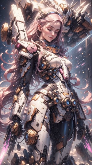 (4k), (masterpiece), (best quality),(extremely intricate), (realistic), (sharp focus), (award winning), (cinematic lighting), (extremely detailed), 

A young woman with long, flowing pink hair stands tall in the cockpit of her towering white mech suit, her face illuminated by the glow of the stars. The mech suit is a marvel of engineering, with sleek lines and powerful weaponry. The woman herself is a skilled warrior, trained in the arts of combat and piloting.
Her eyes closed and a serene smile on her face.

She is standing in front of a vast nebula, its swirling colors creating a breathtaking backdrop. The nebula is home to a variety of alien lifeforms, some of which are hostile to humanity. But the woman is not afraid. She is here to protect her people and to explore the unknown.

She raises her fist in a gesture of defiance, and her mech suit roars to life. She is ready to face whatever challenges the nebula may throw her way.

Details:

The woman is a space mecha pilot / space warrior.
She has long, flowing pink hair.
She is wearing a white bodytight spacesuit.
She is standing in the cockpit of her towering white mech suit.
She is standing in front of a vast nebula.
She raises her fist in a gesture of defiance.
Her eyes closed and a serene smile on her face

,mecha,EpicSky,DonMPl4sm4T3chXL 
