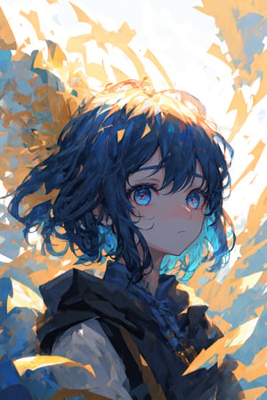 masterpiece, best quality, ultra-detailed, illustration, close-up, straight on, face focus, 1girl, blue hair, golden eyes, short hair, serene expression, looking at viewer