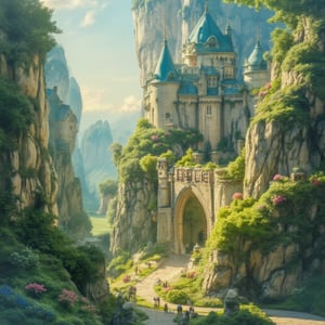 a unique combination of beauty, good, fairy, oranteness with a castle background,noc-fantasy,noc-landscape