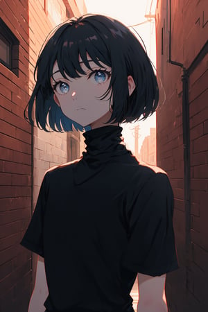 masterpiece, high quality, highres, 2D, illustration, upper body, face focus, 1girl, black hair, bobcut, bangs, blue eyes, closed mouth, black shirt, short sleeves, turtleneck, city, standing in an alley