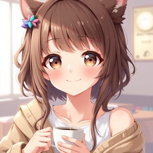 Young girl holding a cup of coffee in her hand, girl with a cute face, cute natural anime face, with a sweet - beautiful - face, young cute face, beautiful face of a japanese girl, brown hair and big eyes, cute kawaii girl, Beautiful bright big eyes