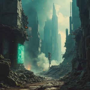 Beksinski-inspired painting of a dystopian, 

post apocalyptic futuristic city,shattered crystal spires,rubble strewn street,broken machines,(best quality,4k,8k,highres,masterpiece1.2),ultra-detailed,realistic1.37,HDR,UHD,studio lighting,physically-based rendering,extreme detail description,professional,vivid colors,dystopian aesthetics,dark atmosphere,surreal,gritty,ominous,desolate landscape,decaying architecture,dark clouds,glowing neon lights,dust-filled air,mysterious shadows,abandoned vehicles,dilapidated skyscrapers,dystopian technology,overgrown vegetation,collapsed bridges,crumbling infrastructure,figurative sculptures,ancient ruins,heaps of metal,dark alleys,ominous reflections,glimmers of hope. Highly detailed, 35mm photograph, film, bokeh, professional, 4k,  , cinematic look, . 

The atmosphere is dark and oppressive
The color palette is muted and grim, dominated by shades of gray, black, and sickly green, evoking a sense of desolation and eerie, otherworldly despair.,beksinskiart,noc-landscape,noc-detail