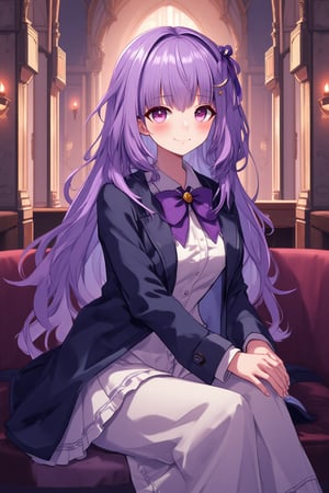 girl, solo, sumire hikami, purple hair, long hair, blunt bangs, purple eyes, hair_ribbon, starlight academy school uniform, ribbon, blue jacket, pleated skirt, white skirt, smile, closed mouth, inside, sofa, sit, castle,,niji,anime