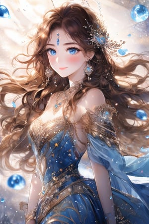 Beautiful girl, he is very cute, brown hair, blue eyes, she wears a very luxurious outfit. Upper body, detailed image, detailed skin, looking at viewer. Walking, ((masterpiece: 1.2)), light particles, ink droplets in background, Anime style.,noc-space