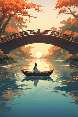 A serene scene unfolds: a lone female figure stands at the edge of a tranquil lake, situated amidst a dense forest. The setting sun casts warm hues upon the surrounding foliage, with blooming branches of cherry trees stretching towards the sky. A traditional Chinese bridge arches over the water, its intricately carved rails reflected in the calm lake. In the distance, a small wooden boat gently rocks on the shore, surrounded by an expanse of negative space. The entire composition is rendered in soft, expressive lines reminiscent of Chinese ink drawing.