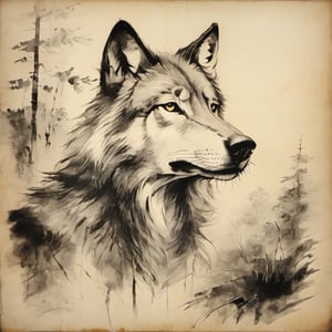 sketch, monochrome, wolf ,vintagepaper