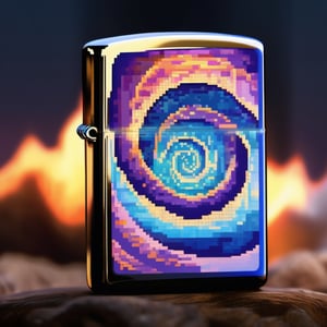 A Zippo made of enchanted glass, containing a swirling vortex that seems to lead to another dimension, enchanted glass:0.9, swirling vortex:0.8, another dimension,pixel style