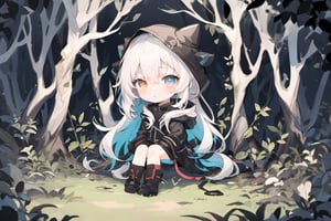 A girl with colorful eyes, heterochromatic, pale skin, long white hair with bangs, wearing a hood on her head, black leather coat, sitting on the forest floor, dim lighting linear.,chibi