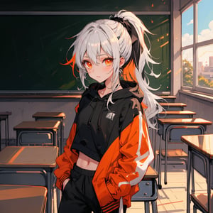 Beautiful girl. a gray sweatshirt, black sports pants. Detailed image, long hair with ponytail. White hair and black locks, multicolored hair, orange eyes. ((masterpiece: 1.2)), classroom in the background, anime style.