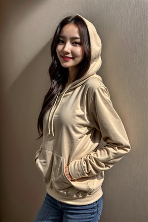 photo, best quality, masterpiece, best quality, 1girl, slim body, porcelain skin, long hair, hoodie, casual clothing, happy, photorealistic