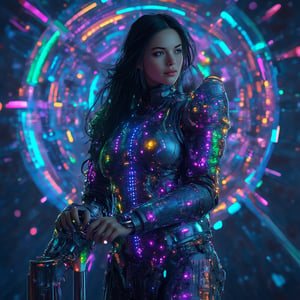 A fierce female warrior with long, flowing black hair, her armor etched with glowing rainbow colored circuits, lining strip of RGB led lighting and electronic chip, stands in the heart of a digital nexus. leaning on object, head slightly tilt, looking at viewer smilng, long fingernails, fingerless gauntlet, Surrounding her is a vortex of luminous circuitry, casting intricate patterns of light on her armor. The scene is rendered with photorealistic detail, the lighting capturing the interplay between the metallic textures and the pulsating rainbow colored energy energy of the digital backdrop. 3d render in unreal engine anime style,noc-futuristic