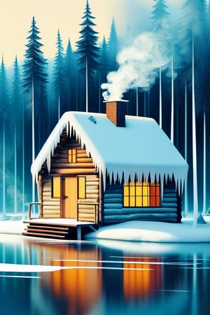 Secluded Cabin: A cozy, secluded cabin in the woods, with smoke rising from the chimney and a serene lake nearby. vignette,unique, masterpiece, 1 of 10000, most worth piece of art,ice