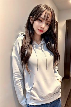 photo, best quality ,masterpiece, an extremely delicate and beautiful, extremely detailed, CG ,unity, 2k wallpaper, finely detail, masterpiece, best quality, 1girl, slim body, porcelain skin, long hair, hoodie, casual clothing, happy, hands behind back, 