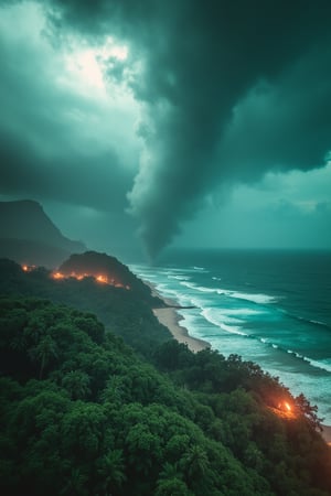 tornado over a burning forest , tsunami on the coast, epic , masterpiece, dynamic, highly detailed, 8k.,noc-landscape