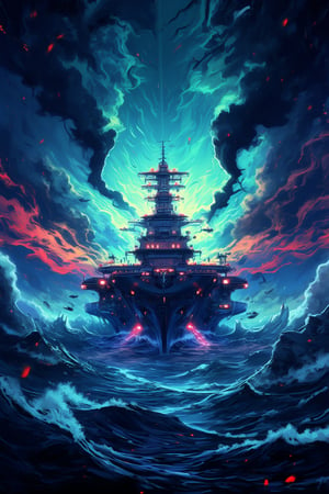 Illustration, vivid, colorful, Japanese Navy aircraft carrier Akagi, sailing through stormy seas, Makoto Shinkai style, amazing detail, fantastic, mysterious, detailed background, it can't be ordinary, it must be highly complex in structure, it must have a high degree of randomness, it must be an image that nobody has seen before, it must be highly original, it must have incredible detail, it must be of the highest artistry, it must be the ultimate, failure is not an option,acryli painting,midjourney,anime