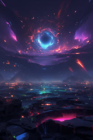 "An apocalyptic scene where the sky is dyed in dramatic colors: deep shades of red, purple and orange illuminate the horizon, mixing with shadows of black and dark gray. In the center, a sun collapsing into a black hole, surrounded by fragments of stars falling from the sky like dust. The earth below is full of cracks that emit flashes of blue and neon green light, like the last vestiges of life escaping the planet. In the distance, mountains crumbling and an ocean in apocalyptic calm, tinged with colors. dark and bright at the same time."

This approach mixes the chaos of the end with intense, vibrant colors that evoke both destruction and beauty.,midjourney,noc-futuristic,niji,noc-detail