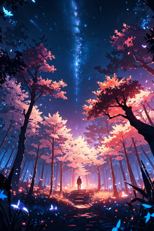 (masterpiece),  best quality,  high resolution,  highly detailed,  detailed background,  cinematic light, night,  dark sky,  luminous tree,  giant tree,  white bark with blue luminous veins,  white leaves,  stars,  blue tones,  wallpapers,  high quality,  glow,  magic,,,High detailed ,Color magic