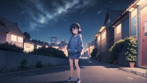 a girl with deep blue hair and blue eyes in a nighttime cityscape with a dreamy starry sky. She's wearing a dark blue hoodie, sporting headphones, evoking the relaxed and cozy atmosphere of the 'Lofi girl' vibe. Show the full body of the girl, standing, amidst city buildings and captivating night scenery. The sky should be adorned with twinkling stars, setting a serene and enchanting mood
BiophyllTech,LOFI, five fingers,Lofi,Girl,Style,better_hands,Airani,Lofi Them,Lofi Girl,blue eyes,shine eyes01