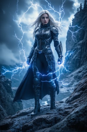 4K anime style quality, digital drawing mode, Norway-themed supervillain female character, long platinum blonde hair flowing like a storm, electric blue eyes, wearing dark Viking-inspired armor with lightning coursing through it, controlling devastating storms and summoning lightning strikes, standing on a thunderous cliffside with jagged rocks beneath her, radiant skin, fierce and untamed expression, full body, dynamic pose with lightning crackling in her hands, life size, perfect anatomy, detailed skin texture, full HD, 4K, HDR, perfect anatomy, depth of field. , Midjourney_Whisper,noc-futuristic