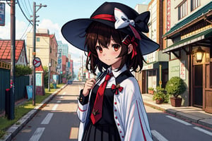 Chibi, guweiz style, FFIXBG, usami renko, black capelet, book, hat bow, hair ribbon, collared shirt, ribbon, closed mouth, black hair, bow, brown eyes, hat, necktie, skirt, white shirt, hair between eyes, black skirt, upper body, capelet, fedora, red necktie, brown hair, bangs, long sleeves, black headwear, shirt, short hair, hat ribbon, white bow hair bow, (Masterpiece, best quality:1.3), highly detailed, fantasy, hyperrealistic, best illustration, 8k, ffixbg, dynamic view, cinematic, ultra-detailed, full background, street, houses, street lights, power lines, outdoors, sunset, road, sidewalk