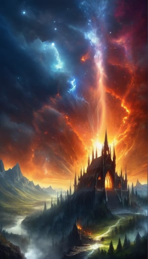 wrench_elven_arch, A sky ablaze over an elven city in ruins with gothic architecture, surrounded by ominous demonic veins mountains,DonMD3m0nV31ns,EpicArt,noc-mgptcls