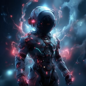 Made of, glowing plasma streams, space adventurer, with visible robotic enhancements, in high-tech space suit, Intricate details, 8k, cinematic, subsurface scattering,noc-space,niji