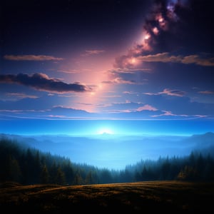 Dawn, intricate, recognizing the land, into the forest, only light of the stars, wonderful sky, view from the low, deep background, cinematic light. dynamic light