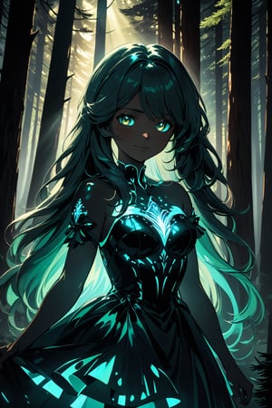 breathtaking 8k, masterpiece, cute girl, (bioluminescent dress:1.3), ((very dark, high contrast)), glow, looking at viewer, ((face close-up)), slight smile, long hair, big hair, depth of field, dappled sunlight, pine forest, cottage