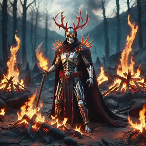 rdns, Generate hyper realistic image of a macabre scene of an undead pyromancer, wreathed in flames, casting dark fire spells amidst the skeletal remains of fallen foes. The background features a foreboding, lava-filled abyss, adding to the sinister ambiance of the Dark Souls universe. highly detailed, sharp focus.8k,photography style