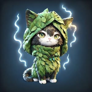 assassin creed, a cat, winter clothes made out of leaves, black clothe, hoodie on head, high_resolution, high detail, perfect body,Monster,Xxmix_Catecat,composed of elements of thunder,thunder,electricity,chibi,