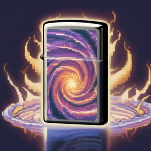 A Zippo made of enchanted glass, containing a swirling vortex that seems to lead to another dimension, enchanted glass:0.9, swirling vortex:0.8, another dimension,pixel style