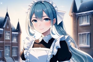 A very beautiful girl, masterpiece quality, light particles, mansion in background, she is a maid, maid uniform, looking at viewer, upper body,Anime Style.ice.