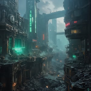 Beksinski-inspired painting of a dystopian, 

post apocalyptic futuristic city,shattered crystal spires,rubble strewn street,broken machines,(best quality,4k,8k,highres,masterpiece1.2),ultra-detailed,realistic1.37,HDR,UHD,studio lighting,physically-based rendering,extreme detail description,professional,vivid colors,dystopian aesthetics,dark atmosphere,surreal,gritty,ominous,desolate landscape,decaying architecture,dark clouds,glowing neon lights,dust-filled air,mysterious shadows,abandoned vehicles,dilapidated skyscrapers,dystopian technology,overgrown vegetation,collapsed bridges,crumbling infrastructure,figurative sculptures,ancient ruins,heaps of metal,dark alleys,ominous reflections,glimmers of hope. Highly detailed, 35mm photograph, film, bokeh, professional, 4k,  , cinematic look, . 

The atmosphere is dark and oppressive
The color palette is muted and grim, dominated by shades of gray, black, and sickly green, evoking a sense of desolation and eerie, otherworldly despair.,beksinskiart,noc-landscape,noc-futuristic,noc-detail