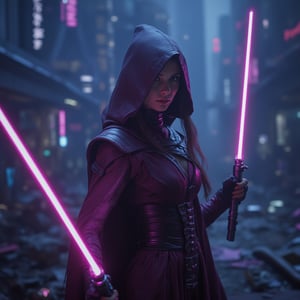 astroflux_v101, | confident female jedi with tied up top, midriff peak, hood cape, holding with his left hand a pink lightsaber, standing in front of a futuristic city,noc-futuristic