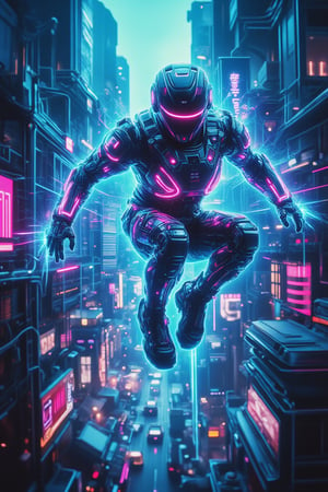 A cinematic masterpiece unfolds as our protagonist, a cybernetically-enhanced individual, leaps through the neon-drenched cityscape in a pulse-pounding, movie aesthetic action shot. Professional-grade lighting illuminates every intricate detail, from the character's upgraded exosuit to the urban landscape, with volumetric light casting dramatic shadows. Dynamic lighting effects amplify the scene's tension as our hero executes a gravity-defying parkour move, set against a backdrop of towering skyscrapers and bustling streets. The camera captures every ultra-high detailed aspect of this extreme full-body portrait, evoking a sense of photorealism in this cinematic game-inspired masterpiece.,noc-futuristic