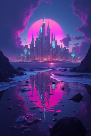 an alien city, reflected in the ocean surrounding it, masterpiece, neon splash art, vibrant surreal colours.,niji,,noc-fantasy