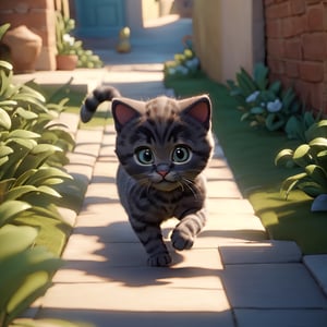 3d style,3D render,kitten , small cat, shadow, running , walkway, animated