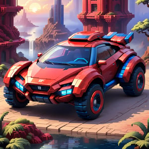  pixel style, a super hi-tech red blue car in a fantasy world style:

"Create a breathtaking image of a super hi-tech car with an armored, futuristic appearance, resembling something out of a fantasy world. Capture the car from a high angle to showcase its impressive design. The car should have a shiny, metallic armor-like exterior, exuding a sense of power and sophistication. Place this extraordinary vehicle against a backdrop that complements its hi-tech nature, whether it's a futuristic cityscape, a mystic realm, or any other element that enhances the fantasy world style. The final image should be a captivating fusion of advanced technology and fantasy aesthetics.",
