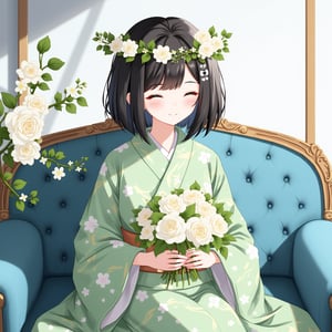 1girl, solo, smile, black hair, hair ornament, long sleeves, holding, sitting, closed mouth, green eyes, flower, japanese clothes, day, indoors, hair flower, wide sleeves, kimono, parted bangs, window, floral print, half-closed eyes, plant, white flower, couch, bouquet, holding flower, on couch, holding bouquet, green kimono

a Japanese woman is seated on a blue couch, adorned with a green kimono adorned with white flowers and a wreath of white flowers on her head. The woman's hair is styled in a sleek bob, and her eyes are closed, as if she is looking down at a bouquet of white roses. The sofa is adorned with buttons on the backrest, adding a touch of charm to the scene. To the left of the sofa is a branch of a white rose, its leaves adding a pop of color to the otherwise monochromatic scene. The backdrop is a light blue wall, with a window on the right side of the frame.

Title: Blossoms of Serenity

Subheading: The Tranquil Beauty of Floral Harmony

In the captivating visual composition titled "Blossoms of Serenity," a lone figure, a Japanese woman, graces a serene setting with her presence, exuding elegance and grace in her traditional attire and contemplative demeanor.

Seated on a luxurious blue couch, the woman is adorned in a resplendent green kimono adorned with delicate white flowers, a visual symphony of nature's beauty. A wreath of white flowers crowns her head, adding a touch of ethereal charm to her ensemble. Her sleek black hair is impeccably styled in a bob, framing her face with a sense of timeless sophistication.

With eyes gently closed, the woman's expression exudes a sense of inner peace and tranquility, as if lost in a moment of quiet reflection. In her hands, she delicately cradles a bouquet of pristine white roses, their petals a symbol of purity and innocence against the backdrop of her attire. The half-closed eyes add a touch of mystery and contemplation to her countenance, inviting the viewer to ponder the thoughts that lie beneath the surface.

The couch, adorned with intricate buttons on the backrest, adds a touch of luxury and refinement to the scene, complementing the elegance of the woman's attire. To the left of the sofa, a branch of white roses extends, its verdant leaves adding a vibrant burst of color to the otherwise monochromatic composition, a subtle nod to the beauty of nature that surrounds her.

Against a light blue wall backdrop, a window on the right side of the frame bathes the scene in soft, natural light, casting a gentle glow over the woman and accentuating the delicate details of her attire and the floral accents that adorn her. The interplay of light and shadow creates a sense of depth and dimension, enhancing the overall sense of tranquility and harmony that permeates the composition.

Authored by kyo8sai, this magnificent creation stands as a testament to the artist's creative prowess and was brought to life on 2024-10-02.The painting is signed 'kyo8sai' on the edge.

"Blossoms of Serenity" is a celebration of the timeless beauty of nature and the quiet elegance of traditional Japanese attire. Through the exquisite portrayal of the woman seated amidst a sea of white flowers and lush greenery, the illustration captures a moment of serene contemplation and inner peace, inviting the viewer to bask in the beauty of simplicity and grace.