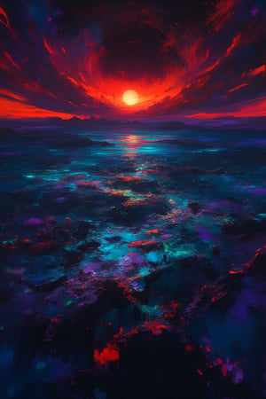 "An apocalyptic scene where the sky is dyed in dramatic colors: deep shades of red, purple and orange illuminate the horizon, mixing with shadows of black and dark gray. In the center, a sun collapsing into a black hole, surrounded by fragments of stars falling from the sky like dust. The earth below is full of cracks that emit flashes of blue and neon green light, like the last vestiges of life escaping the planet. In the distance, mountains crumbling and an ocean in apocalyptic calm, tinged with colors. dark and bright at the same time."

This approach mixes the chaos of the end with intense, vibrant colors that evoke both destruction and beauty.,midjourney,noc-futuristic,niji