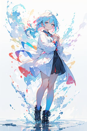 white background, (multicolored background, ink, colorful:1.2), straight-on, 1girl, solo, cute face, light blue hair, floating hair, timid smile, closed mouth, standing, arms behind back, (splashing), watercolor, (nice hands, perfect hands, detailed hands)