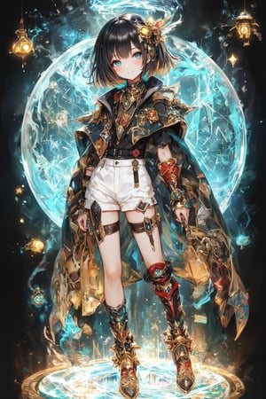 1girl,Anime-style illustration of a cheerful young alchemist girl, short black hair with ahoge, blue eyes and a bright smile. Tribal face paint: delicate white swirls around eyes and cheeks. Outfit: white shorts, black and gold jacket, red arm wraps, magical items floating around: glowing potion bottles, small creatures, Accessories: star-shaped hair clip, unique high-heeled boots (blue, gold, red), Pose: facing the viewer, Color palette: black, white, gold, red, blue accents. Style: clean lines, vibrant colors, details. Background: beautiful waterfall pool. lush greenery, sparkling water, misty air. Lighting: soft, magical light emanates from both the character and the waterfall. Mood: fun, mysterious, adventurous. Key details: smoke coming from the potion, floating stars, intricate design on the clothing. Overall: a charming blend of magic, science and nature in an energetic character design. ,dal,Fantasy Girl,dal,fantasy girl,Flat Anime Niji Style,anime