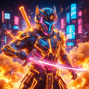 A futuristic Bobotflux samurai warrior with sleek gold and black armor reminiscent of wolverine's  suit slashes through a neon-lit urban cloudy battlefield at night. The scene is captured from a dynamic side-angle, highlighting the energy katana glowing with repulsor energy. Neon lights create stark reflections on the polished armor, with additional effects emphasizing the arc reactor glow on the chest plate. The background features blazing signs and digital billboards, all blurred to accentuate the samurai’s rapid movement. The neon-filled night sky enhances the overall futuristic, superhero atmosphere.,Fantasy detailers,Fantasy detailers,Fantasy detailers,,Fantasy detailers,