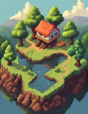 iso island, tree, no humans, scenery, outdoors, rock, house, grass, bush, pond, water, day, river, building, nature, architecture,pixel style