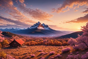 (best quality, 8K, ultra-detailed, masterpiece), (ultra-realistic, photorealistic), Immerse yourself in the breathtaking beauty of an 8K masterpiece showcasing a majestic mountain range entirely composed of shimmering crystal, aglow under the setting sun's gentle caress, casting the heavens into a canvas of pink and orange hues.