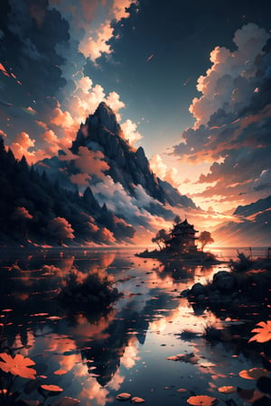 pic of a magnificent sunset over a mountainous landscape, where the high peaks are bathed in a golden light and the sky is painted with soft shades of orange and pink. The clouds extend in dramatic shapes, criando uma cena deslumbrante e serena. No primeiro plano, There is a tranquil lake reflecting the beauty of the sky, while silhouetted trees add a touch of mystery to the landscape. The balanced composition and vastness of nature captured in a convey a sense of calm and wonder at the grandeur of the natural setting. ,noc-landscape