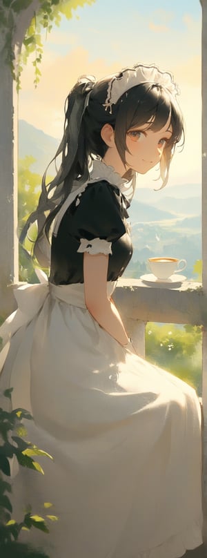 (LONDON location:1.4), 
1girl,(black hair:1.4),smile, A young girl sitting beside a window to enjoy her afternoon tea. outside is a beautiful velledge. Capturing a peaceful moment of contemplation and tranquility amidst the summer fine morning.maid dress,head dress,apron dress,white apron with tuck, Title: "Morning Serenade - A Maid's Tranquil Tea Time in the Village" In the realm of artistic brilliance, a captivating scene unfolds, capturing the essence of a young girl's peaceful afternoon tea by a window in a picturesque village. Bathed in the gentle glow of a fine summer morning, this artwork portrays a moment of contemplation and tranquility, where the young girl, dressed in a maid's attire, finds solace and serenity. At the center of the composition sits the young girl, her maid dress adorned with a head dress and an apron dress. Her white apron, delicately adorned with tucks, adds a touch of elegance to her ensemble. The maid dress symbolizes her role in serving and caring for others, while the head dress and apron dress accentuate her grace and dedication to her duties. With a serene expression upon her face, the young girl takes a moment to enjoy her tea. Her hands delicately hold the teacup, as she savors the fragrant brew, finding solace and comfort in its warmth. The soft morning light casts a gentle glow upon her, emphasizing the peacefulness of the scene. Outside the window, the viewer is treated to the beauty of the village. The vibrant colors of nature come alive, as flowers bloom their melodic serenade. The idyllic surroundings enhance the tranquility and contemplative atmosphere of the artwork, inviting the viewer to share in the young girl's moment of respite. As the viewer's gaze explores the artwork, they are enraptured by the intricate details that bring this scene to life. From the subtle folds in the young girl's maid dress to the meticulous design of her head dress and apron dress, every element contributes to the authenticity and charm of the composition. "Morning Serenade" captures the fleeting beauty of a summer fine morning, where a young girl in her maid attire embraces a moment of tranquility. It reminds us to appreciate the simple pleasures in life and find solace in the stillness of a peaceful tea time. Title: "Morning Serenade - A Maid's Tranquil Tea Time in the Village",watercolor \(medium\)

Title: "Ethereal Reverie"

In the midst of a world painted with the delicate hues of dawn, a solitary figure stands at the threshold of a mountain gate, her garment kissed by the morning dew, casting a lone shadow against the backdrop of mist and awakening peaks.

The mist unfurls, veiling the myriad peaks in a dance of dawn's arrival, as the sun's rays illuminate the subtle whispers of all living things.

Birds soar, piercing through the clouds as they embark on their journey, while wandering souls, chasing dreams, find solace in their return.

If one were to inquire about the innermost thoughts, only a prolonged sigh would be the response, a silent contemplation in the face of the morning's radiance.

This scene captures the essence of a transcendent reverie, where the convergence of light and shadow, mist and mountains, dreams and reality, creates a tapestry of beauty and introspection. The figure embodies a sense of longing and contemplation, a soul at one with the ethereal realm of nature's unfolding drama.

Authored by kyo8sai, this magnificent creation stands as a testament to the artist's creative prowess and was brought to life on 2024-08-26.The painting is signed 'kyo8sai' on the edge.

In this ethereal reverie, the delicate balance between darkness and light, solitude and connection, is explored with a poetic grace that invites the viewer to ponder the mysteries of the heart and the soul. The artwork stands as a testament to the eternal dance of existence, where the beauty of the natural world intertwines with the depths of human emotion, weaving a narrative of introspection and wonder that transcends time and space. 
