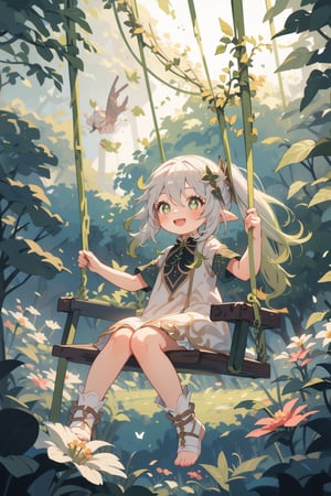 masterpiece, best quality, 1girl, happy, playing a swing, vines, forest, flowers, nahidadef