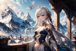 goddess,delicate elegant features,white clothe,laced with intricate lacework and golde mbroidered motifs depicting arcane symbols of  knowledge.nature,mountain,small birds,best quality,high beautiful,super fine illustration,